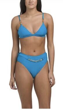 NWT Summersalt Capri Blue Gold Tone Chain Triangle Top And High Rise Bottoms 4